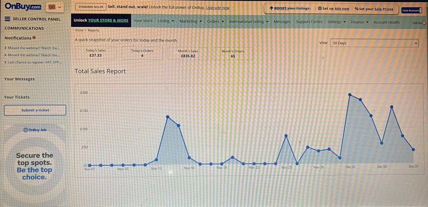 onBuy seller dashboard displaying sales performance and store analytics.